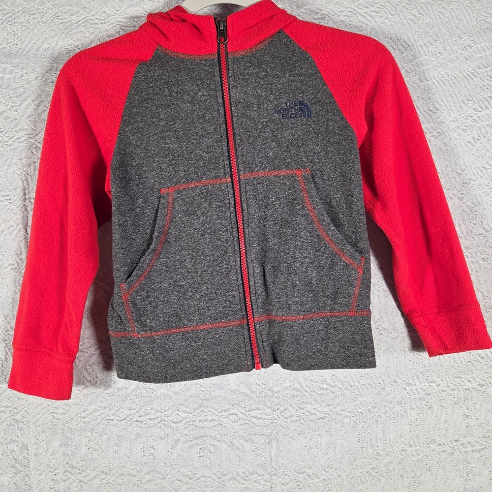 The North Face Boys XS 6 Fleece Hoodie Full Zip Colorblock Grey Red Logo Outdoor